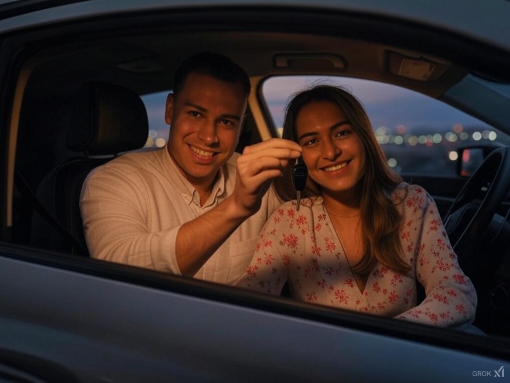 couple sitting in new car with keys