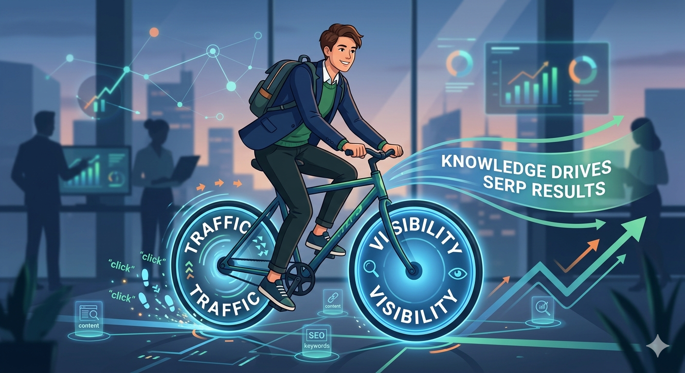 An Ai-generated image of an SEO marketer driving SERP results in a Zero Click world